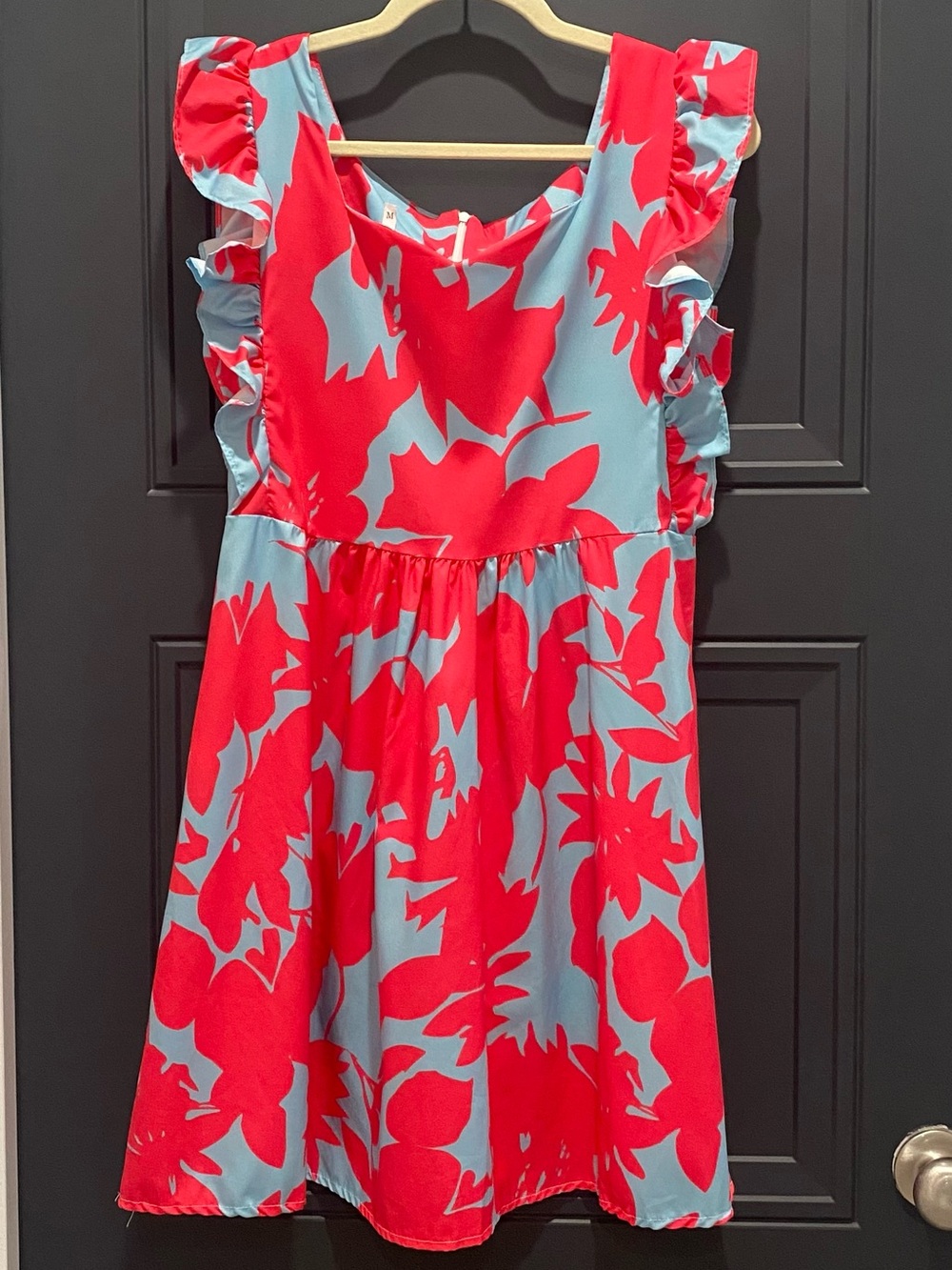 Runs Small - Women’s Red & Blue Floral Print Dress with Ruffle Sleeves NEW